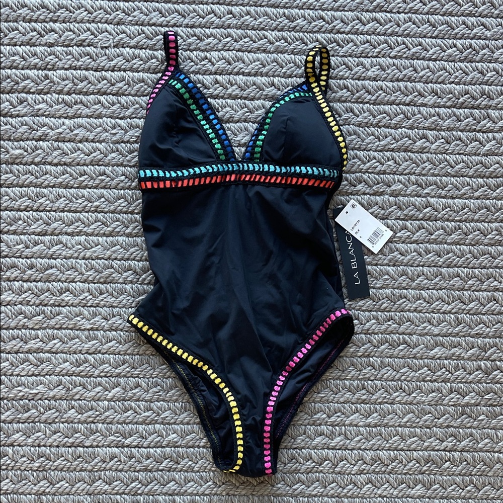 La Blanca Black Swimsuit with Multicolor Accents, size 4
